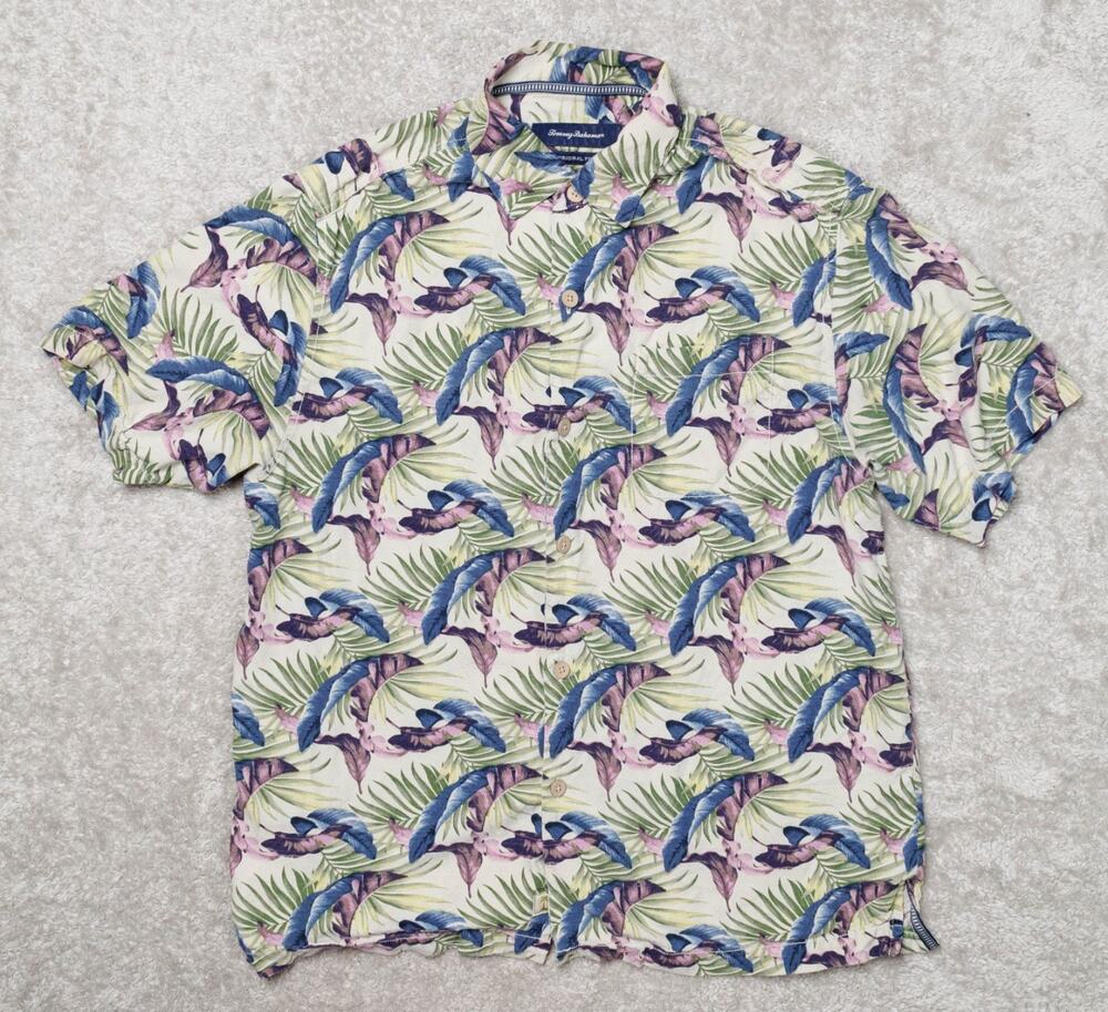 Tommy Bahama OG Fit Silk Tropical Print Button Up Camp Shirt Mens Size M